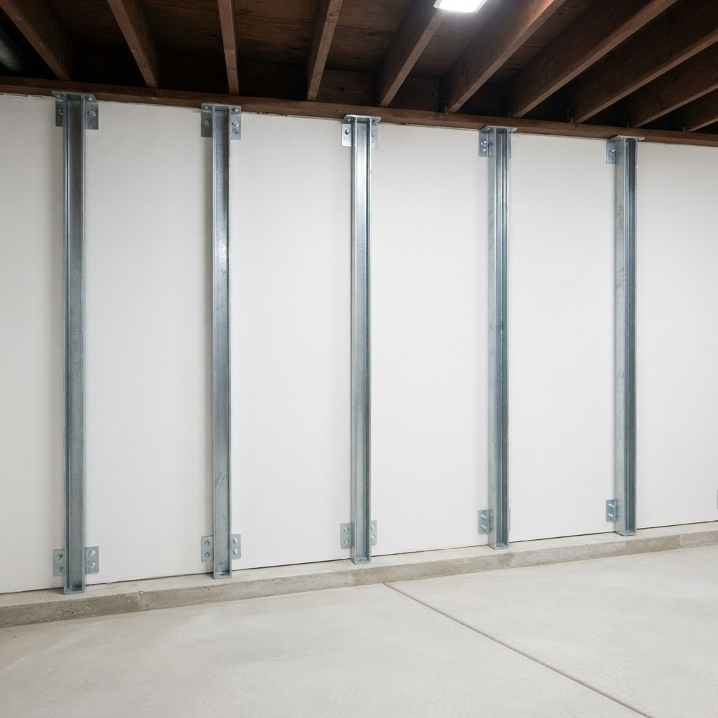 Basement wall after repair with steel wall anchors installed