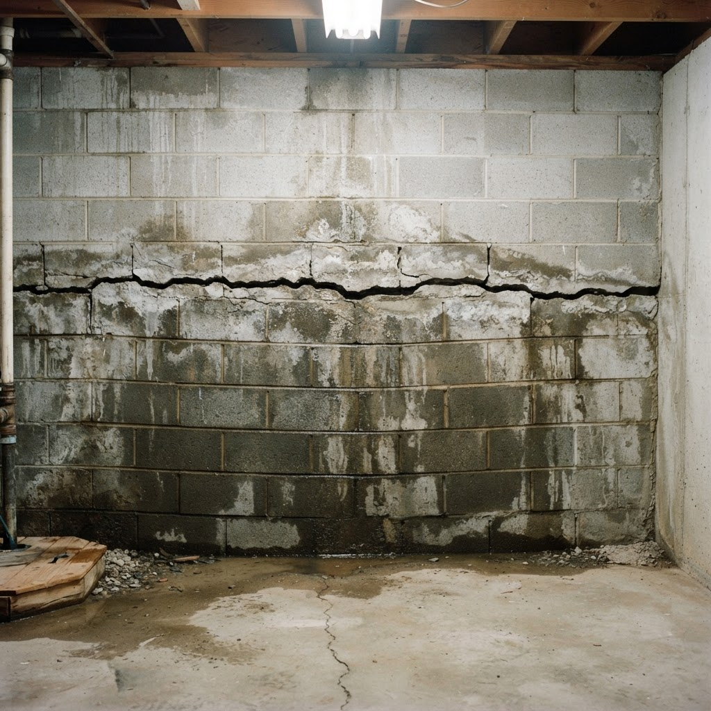 Basement wall before repair with a large crack and bowing