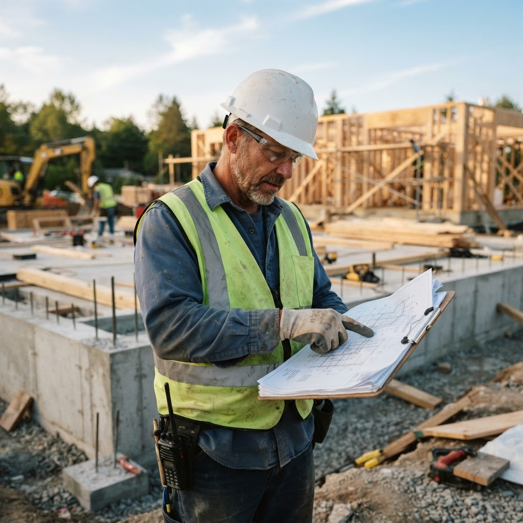 Patriot Constructors technician reviewing a project plan at a job site